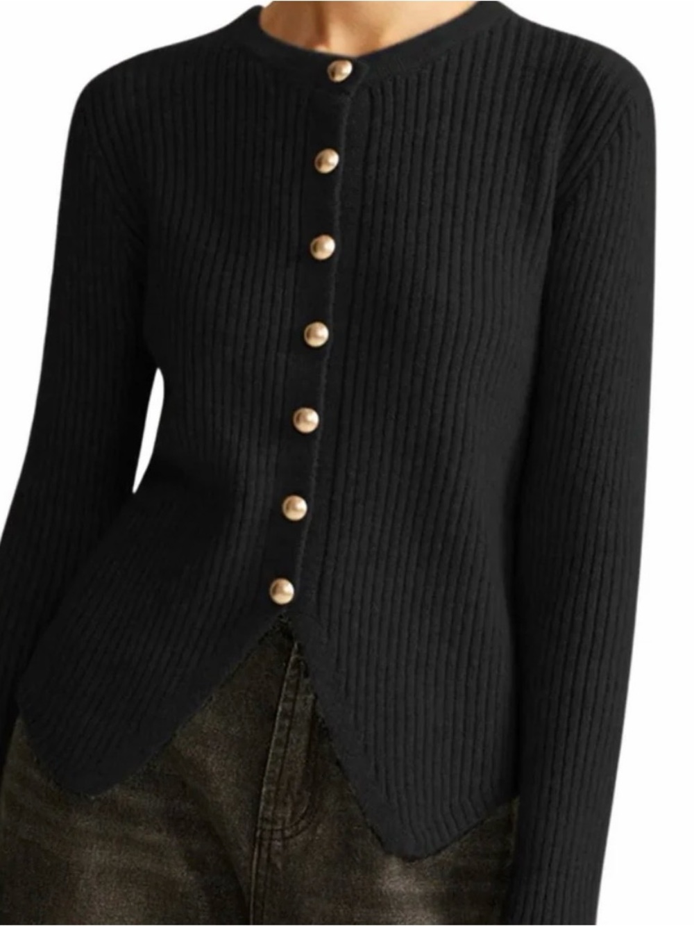 ELODIE Cutaway Rib Cardigan Black Metallic Gold Buttons Size Small NWT